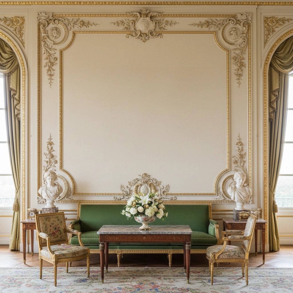 Wall art mockup: Grand salon with ornate mouldings and antique furniture, with a sofa and a coffee table