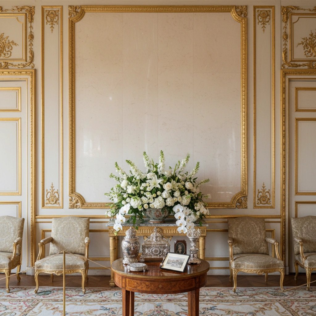 Wall art mockup: Grand room with ornate mouldings and antique furniture, with a coffee table
