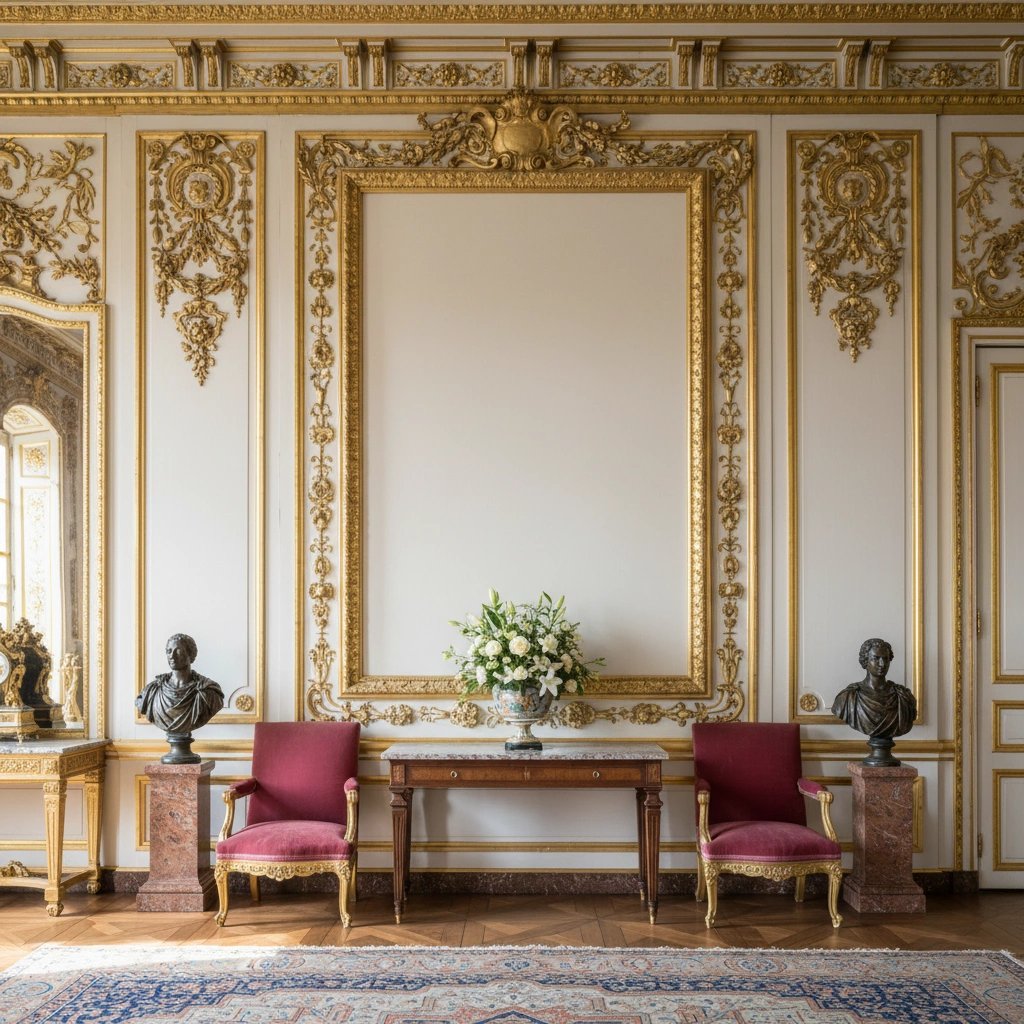 Wall art mockup: Grand room with gilded panelling and period furniture, with a mirror