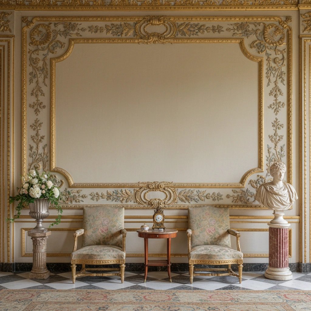 Wall art mockup: Grand hallway with ornate gold mouldings and classical furniture, with a mirror