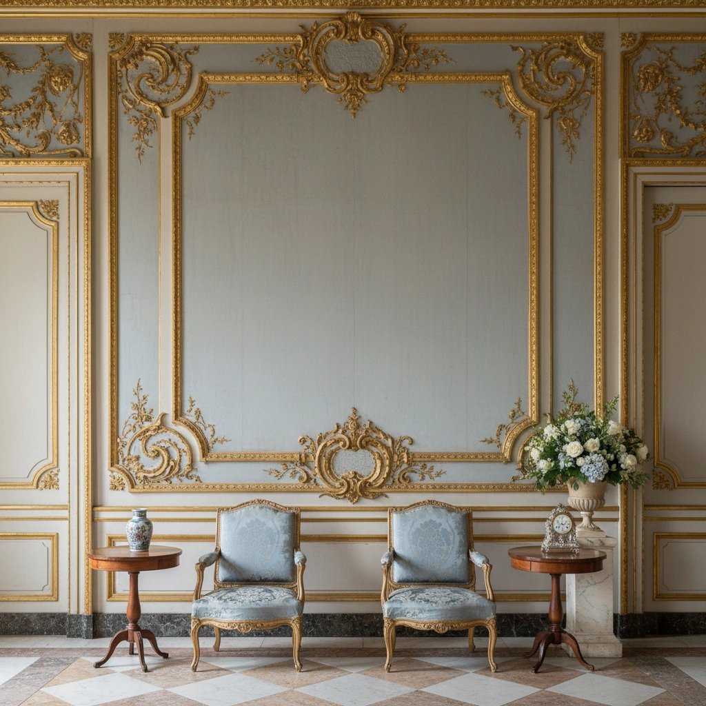 Wall art mockup: Grand room with ornate gold panelling and antique chairs