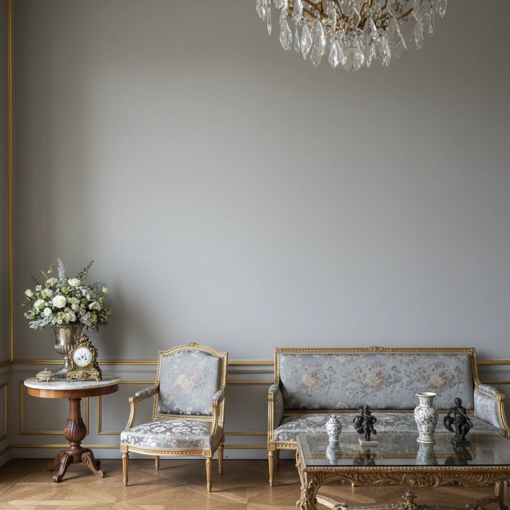 Wall art mockup: Grand sitting room with antique furniture and chandelier, with a sofa, a coffee table, lamps and a chandelier