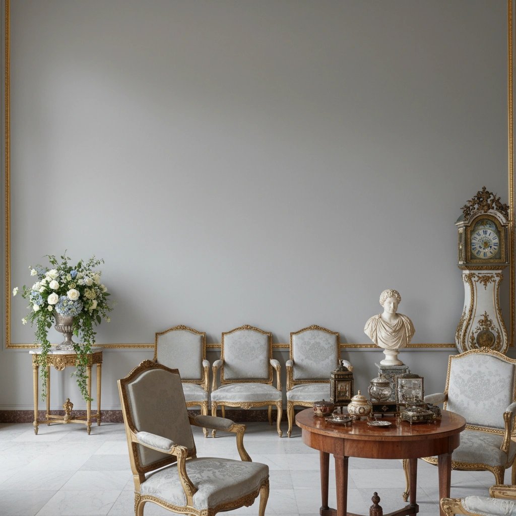 Wall art mockup: Grand room with antique furniture and a tall clock, with a coffee table