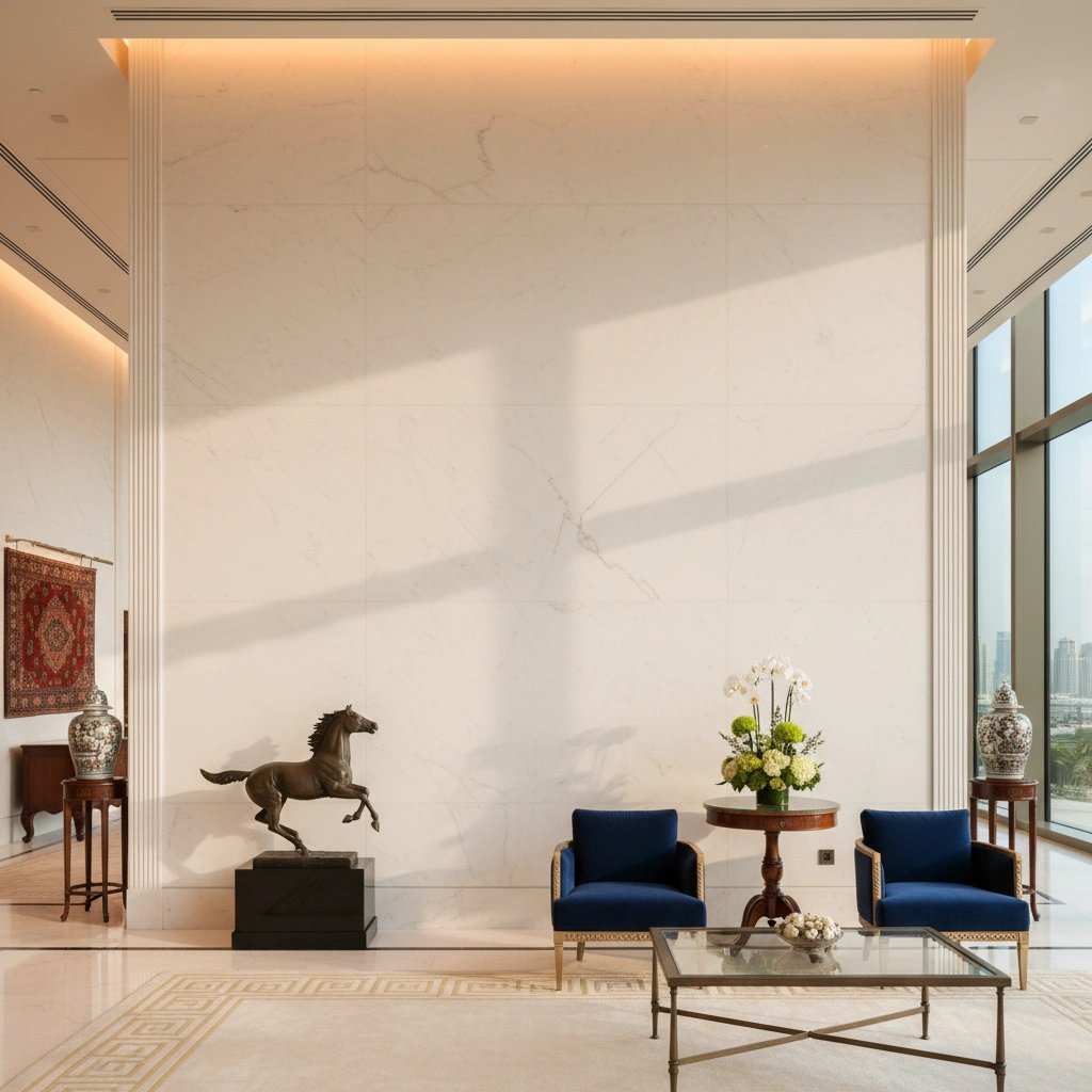 Wall art mockup: Grand lobby with a sculpture and blue armchairs