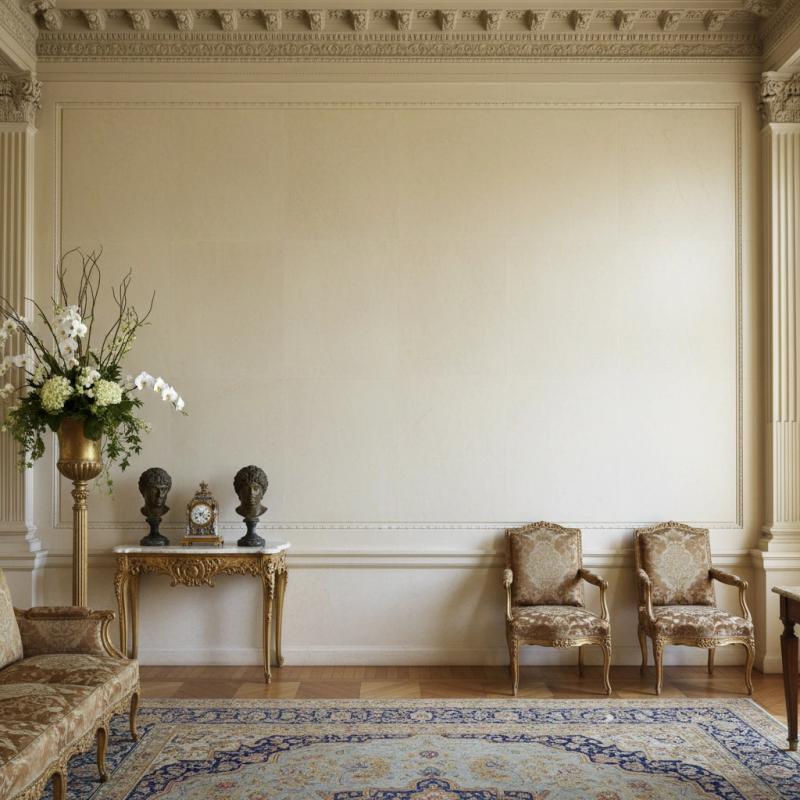 Grand room with ornate mouldings and antique furniture