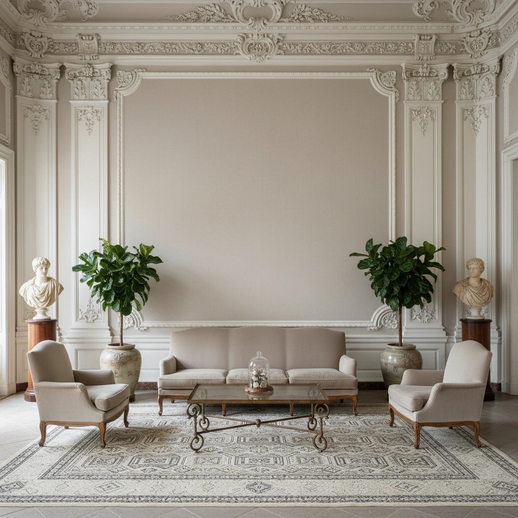 Wall art mockup: Grand living room with classical mouldings and elegant furniture, with a sofa and plants