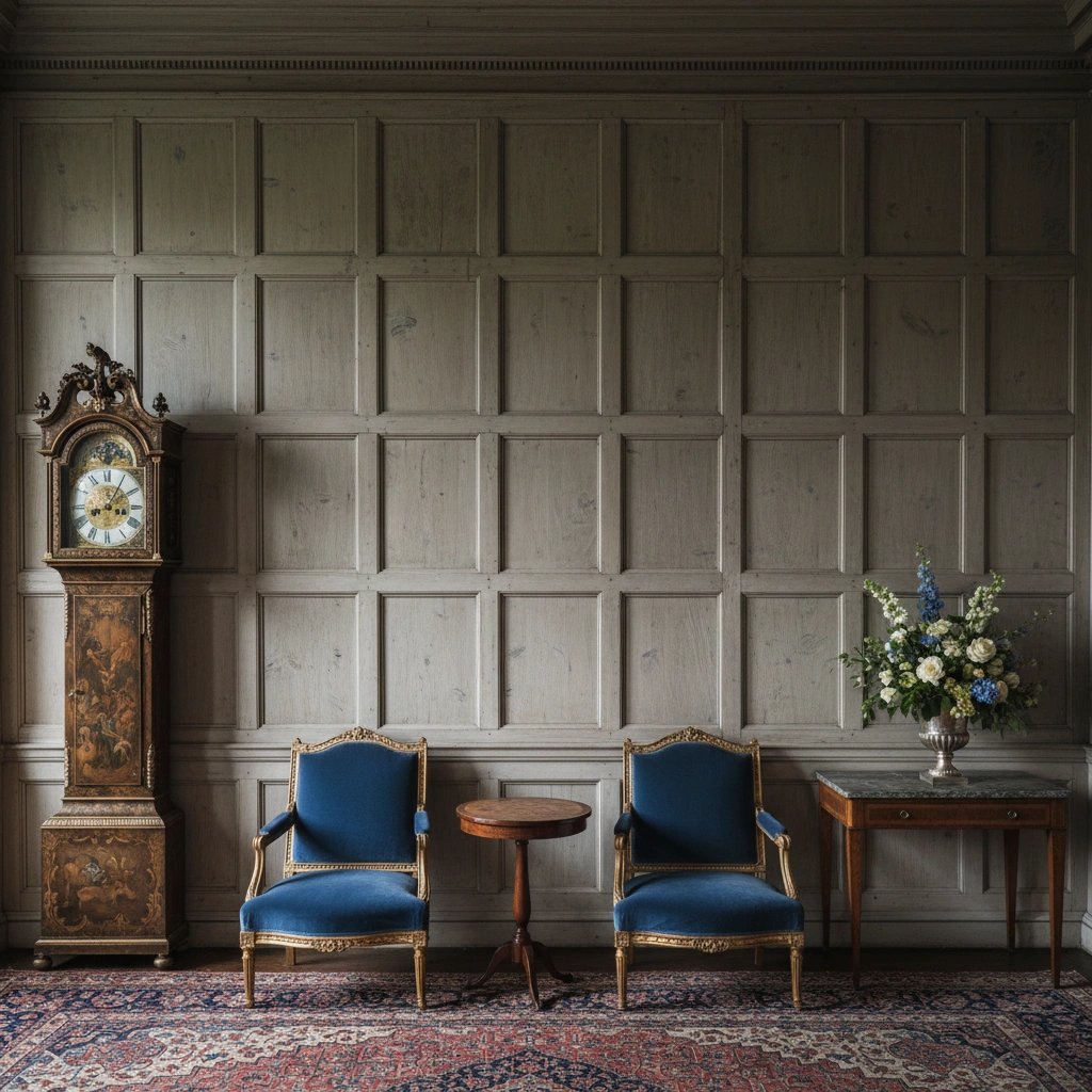 Wall art mockup: Grand panelled room with antique furniture and a rug, with plants