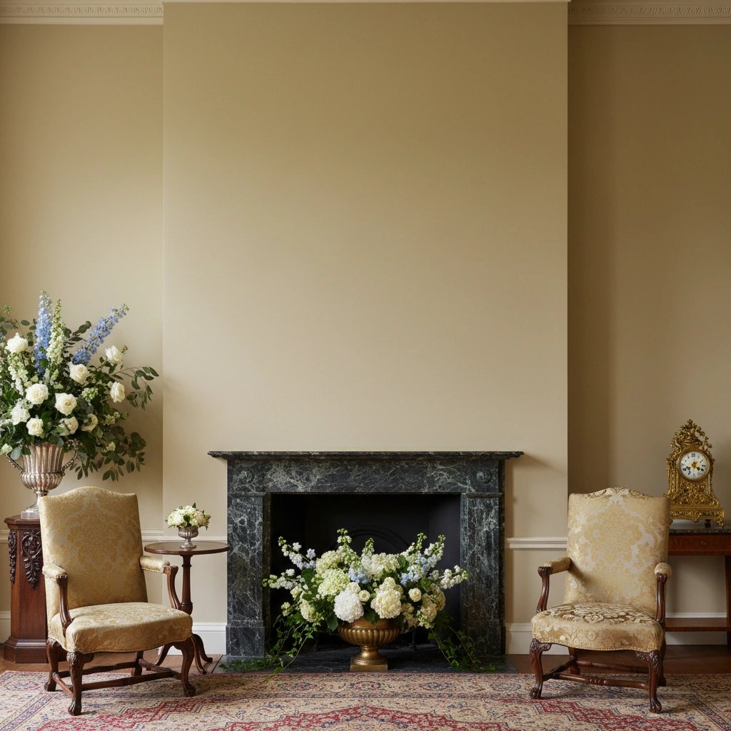 Wall art mockup: Grand period room with a fireplace and armchairs