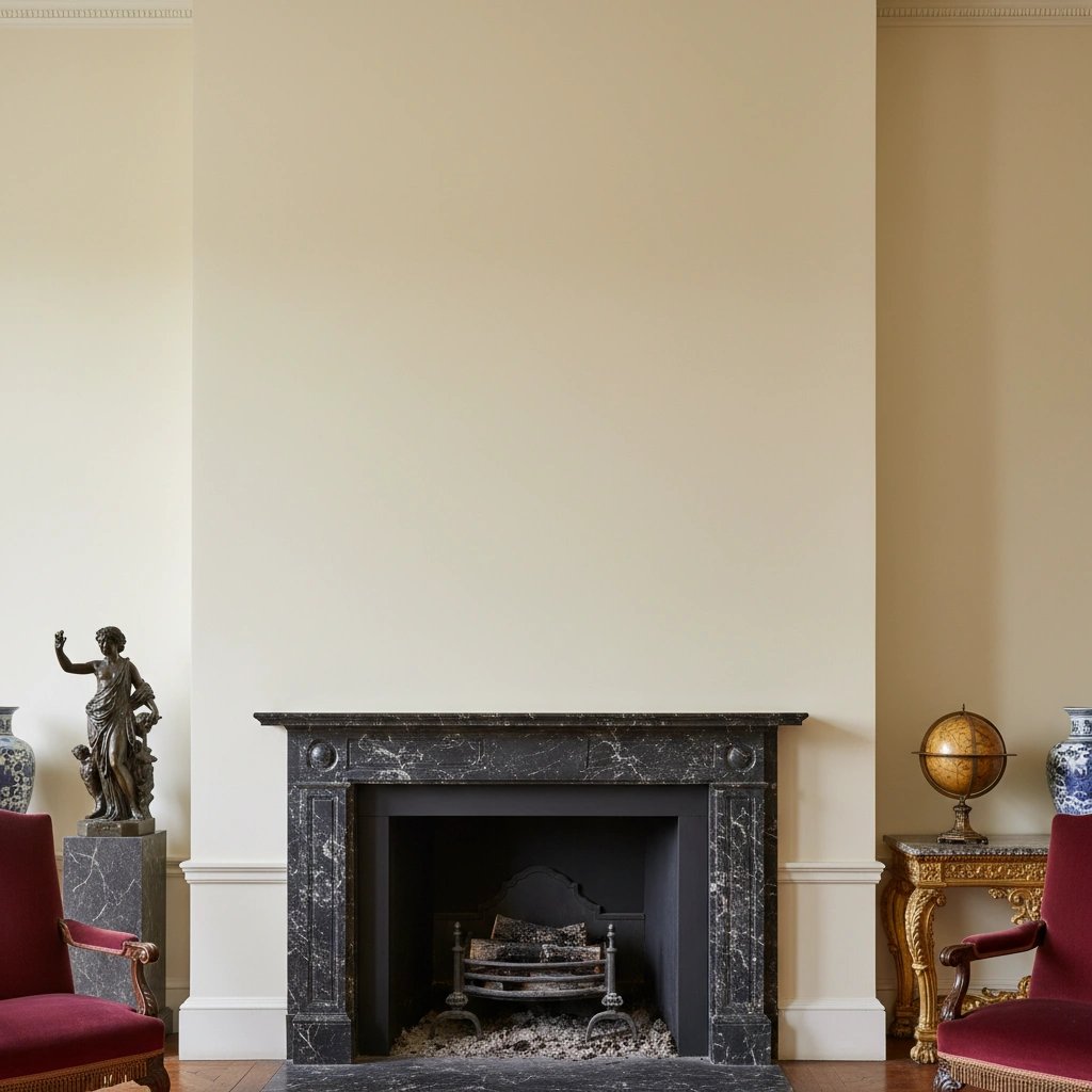 Wall art mockup: Grand room with a marble fireplace and antiques, with a fireplace