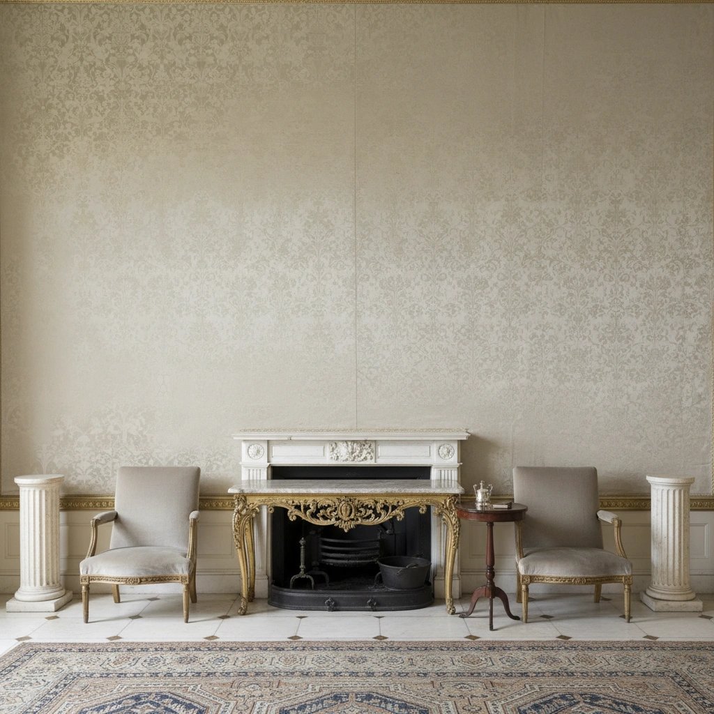 Wall art mockup: Grand room with a fireplace and two armchairs