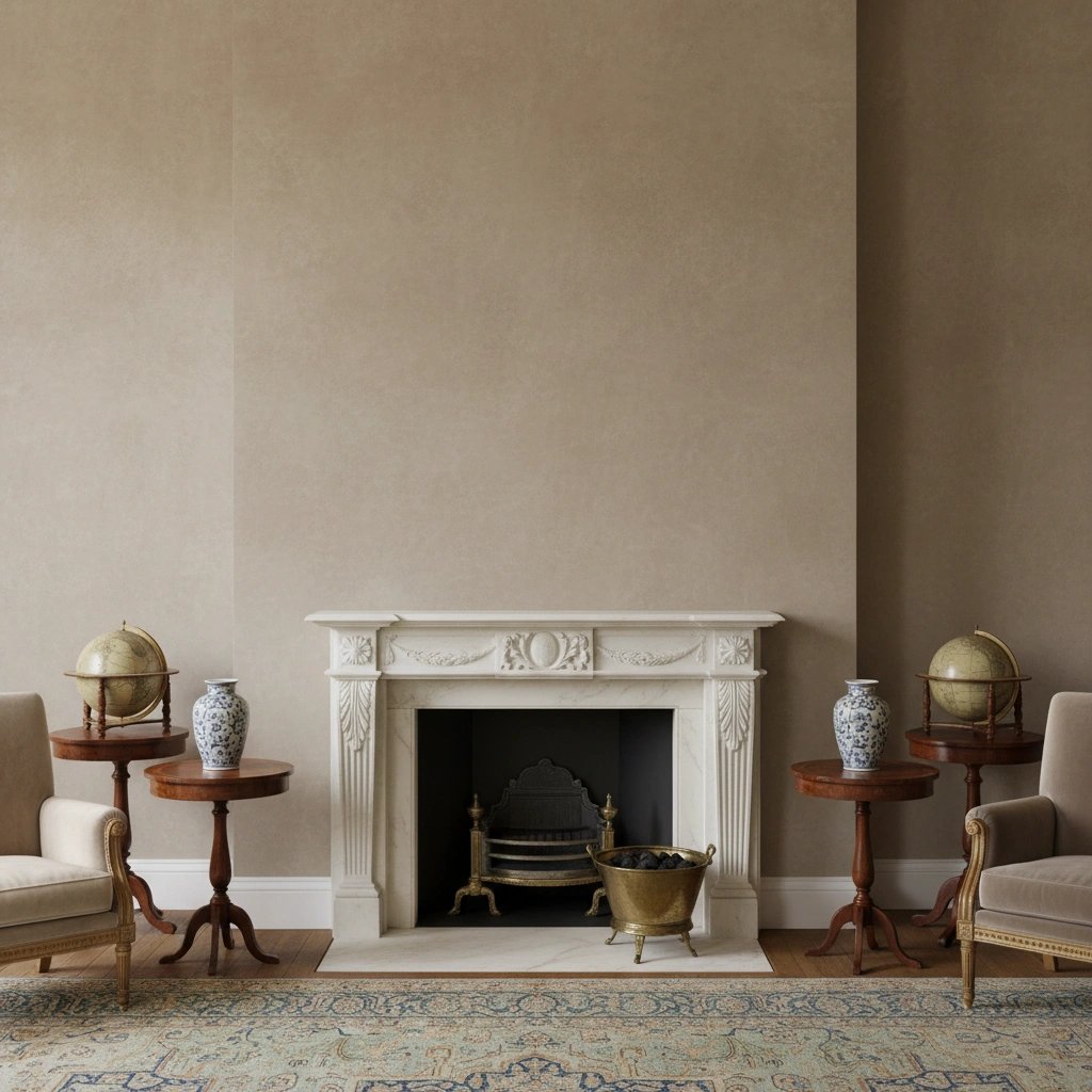 Wall art mockup: Grand room with a fireplace, chairs and antique globes, with a fireplace