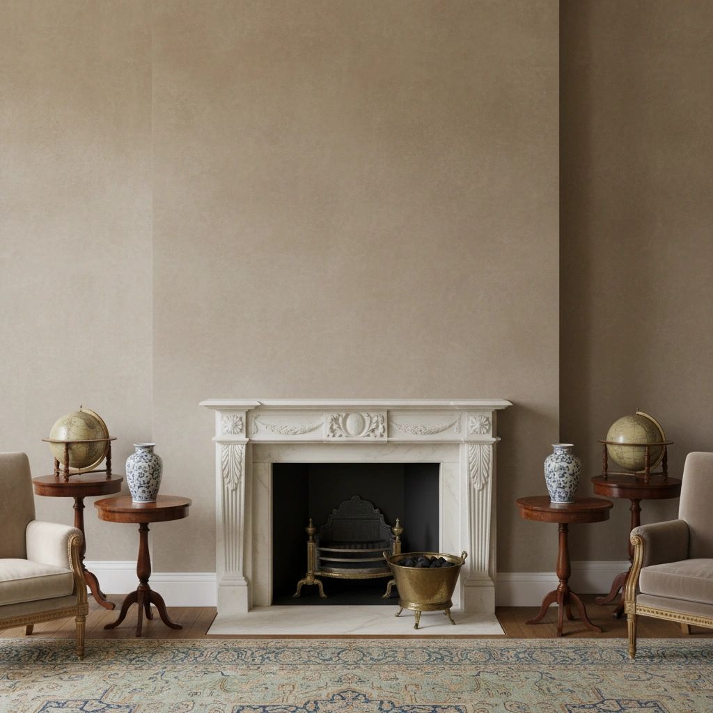 Sample painting at 16 × 20 in (41 × 51 cm): Grand room with a fireplace, chairs and antique globes