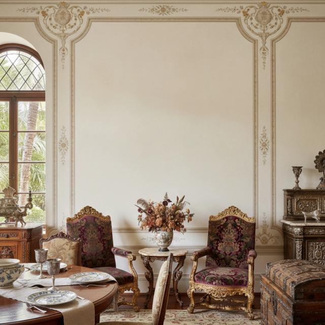 Grand dining room with ornate mouldings and antique furniture