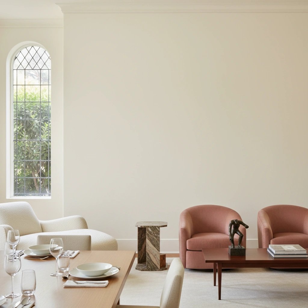 Wall art mockup: Grand dining and living room with an arched window, with a coffee table and a window