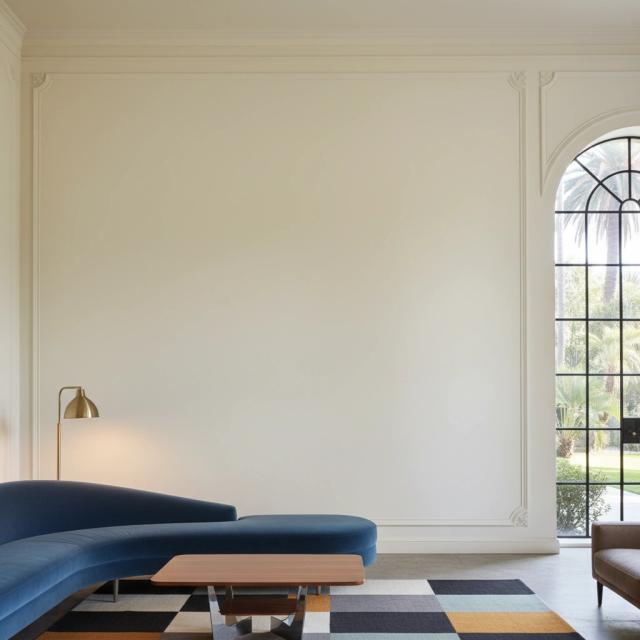 Grand living room with a blue sofa and arched window