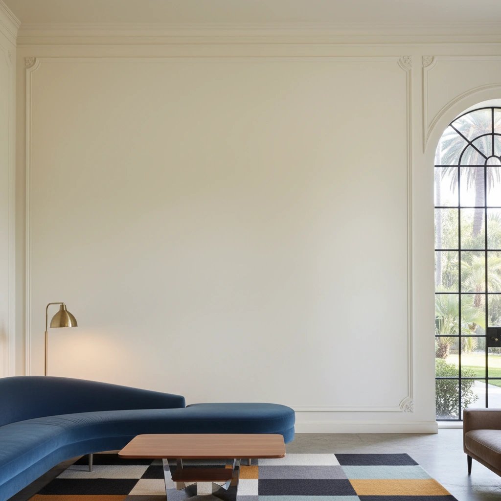Wall art mockup: Grand living room with a blue sofa and arched window, with a sofa