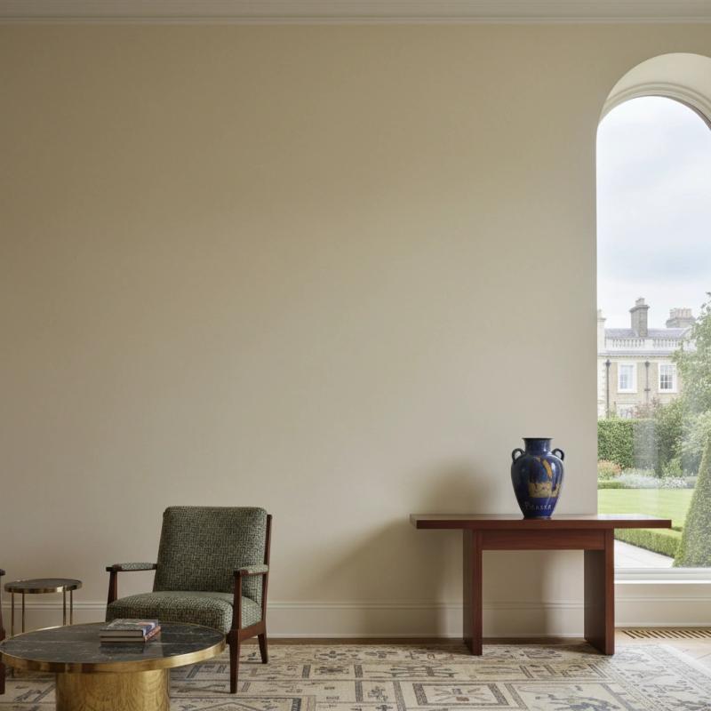 Grand room with an armchair, console table and arched window
