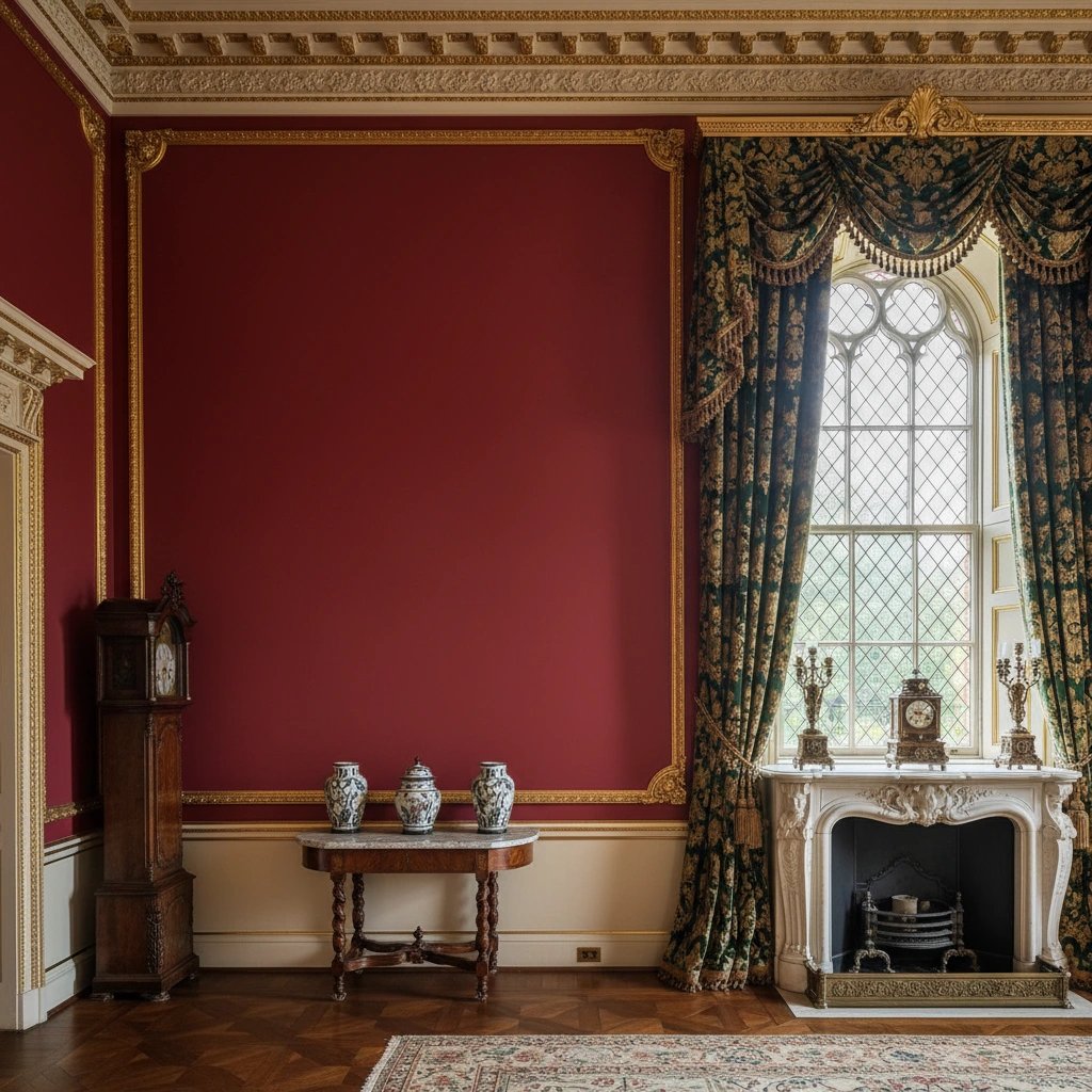 Wall art mockup: Grand living room with red walls and a fireplace, with a fireplace