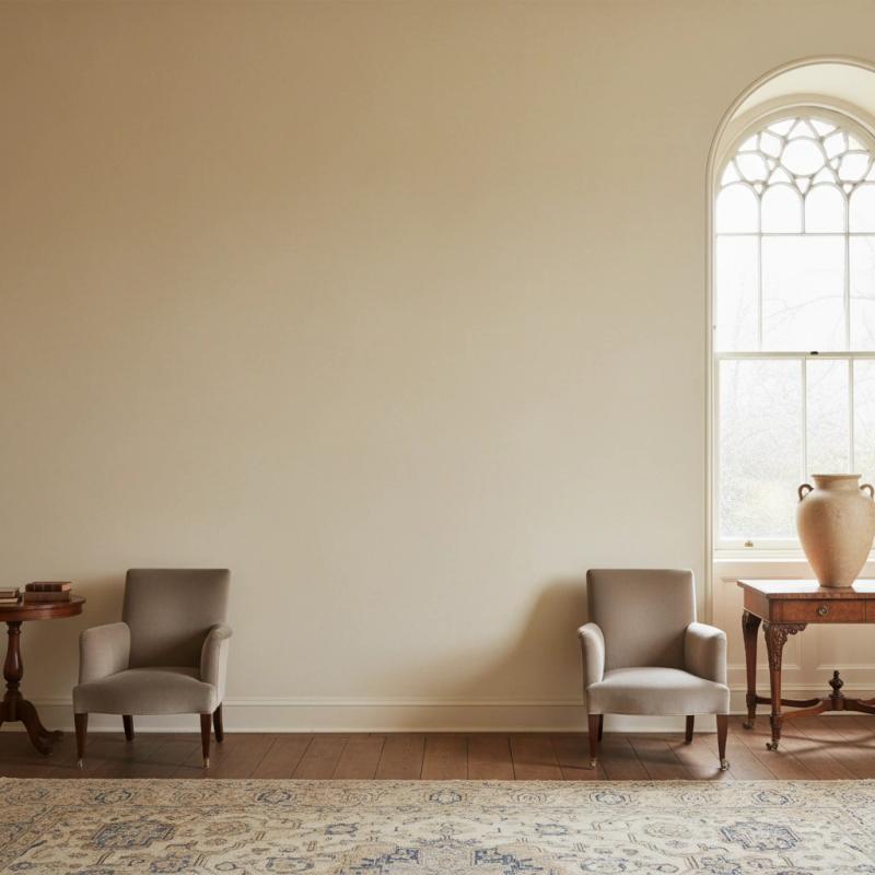 Grand room with an arched window and antique furniture