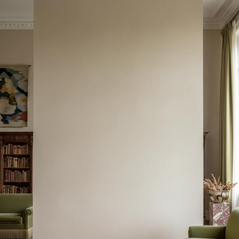 Grand living room with a neutral wall and antique bookcase