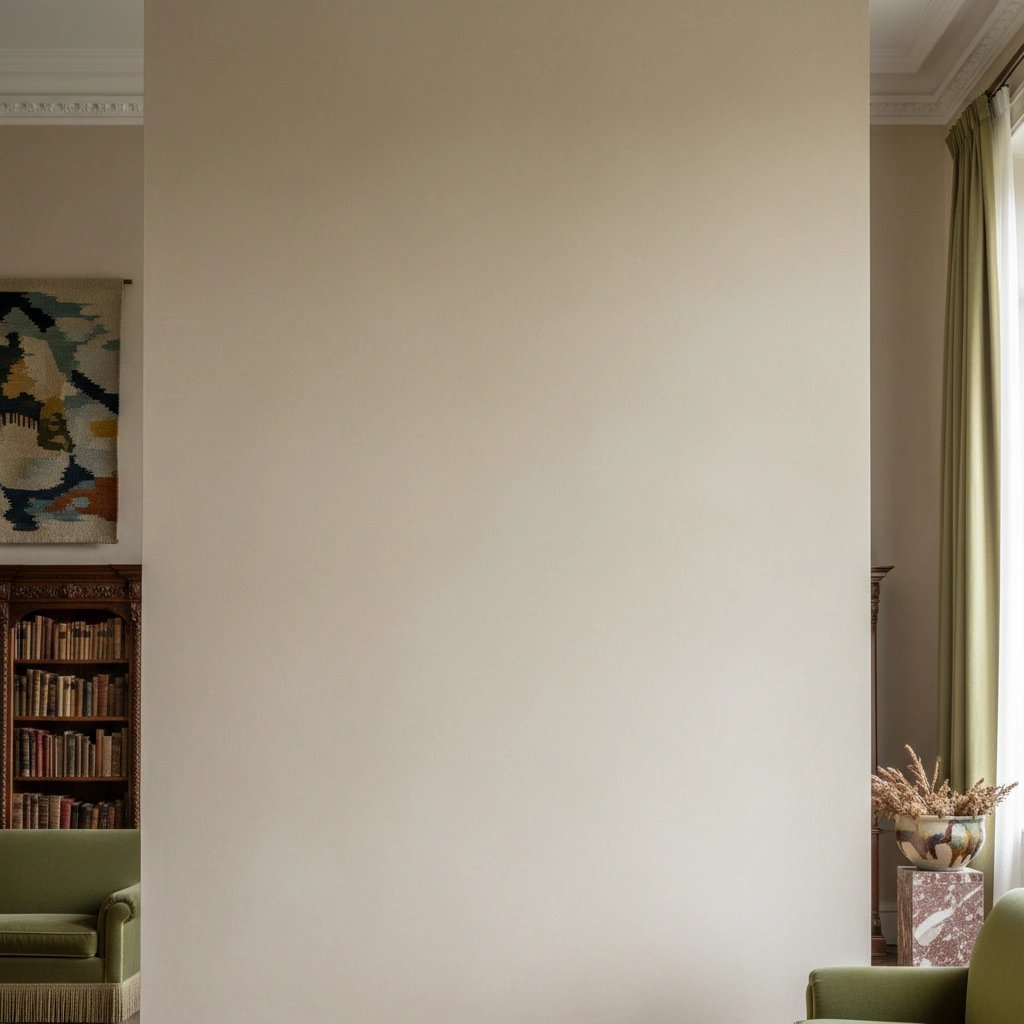 Wall art mockup: Grand living room with a neutral wall and antique bookcase, with a bookcase