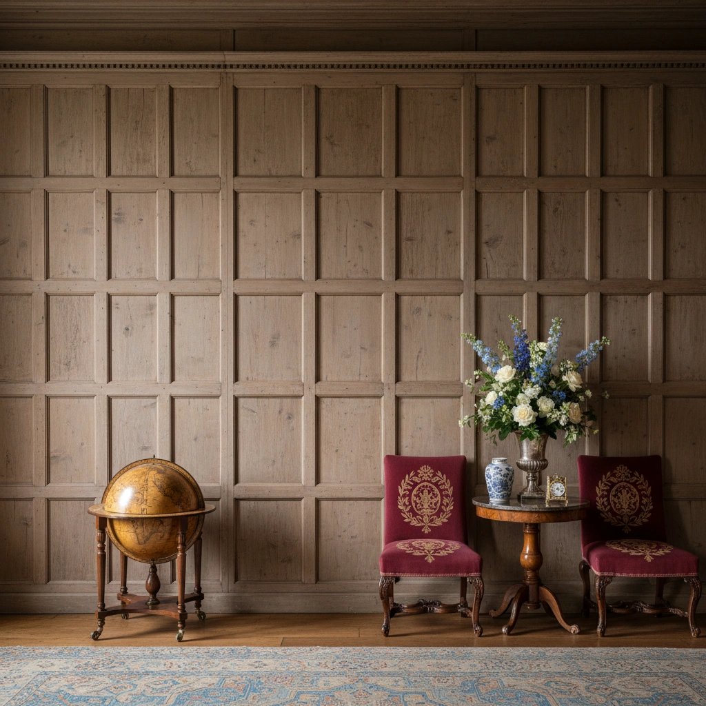 Wall art mockup: Grand panelled room with antique chairs and a globe