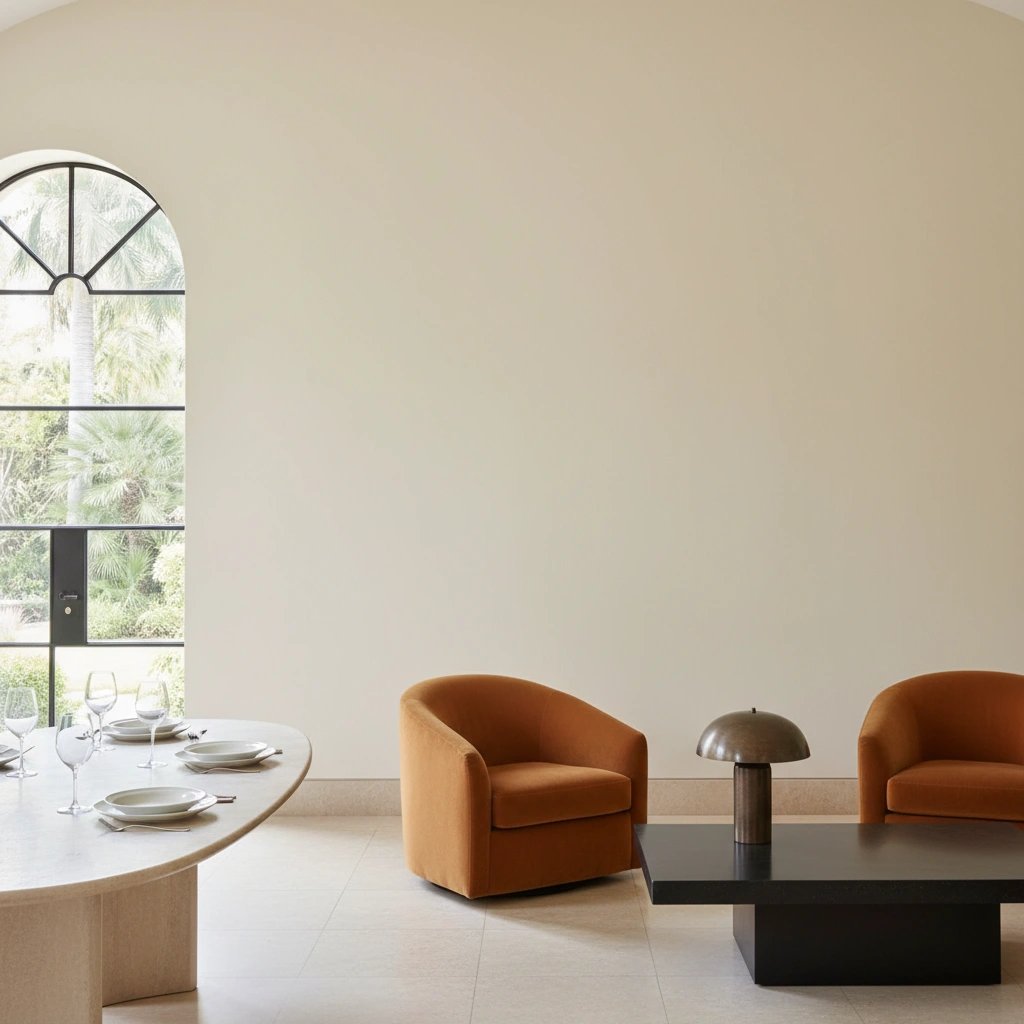 Wall art mockup: Grand room with an arched window and contemporary seating, with a coffee table and a window