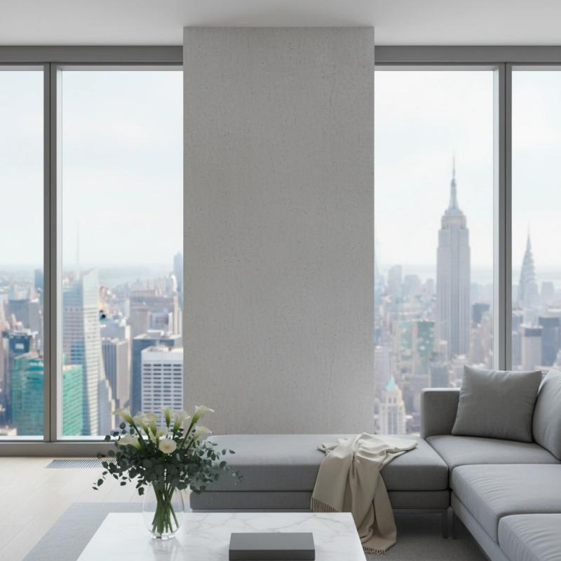 Bright living room with a grey sofa and city views