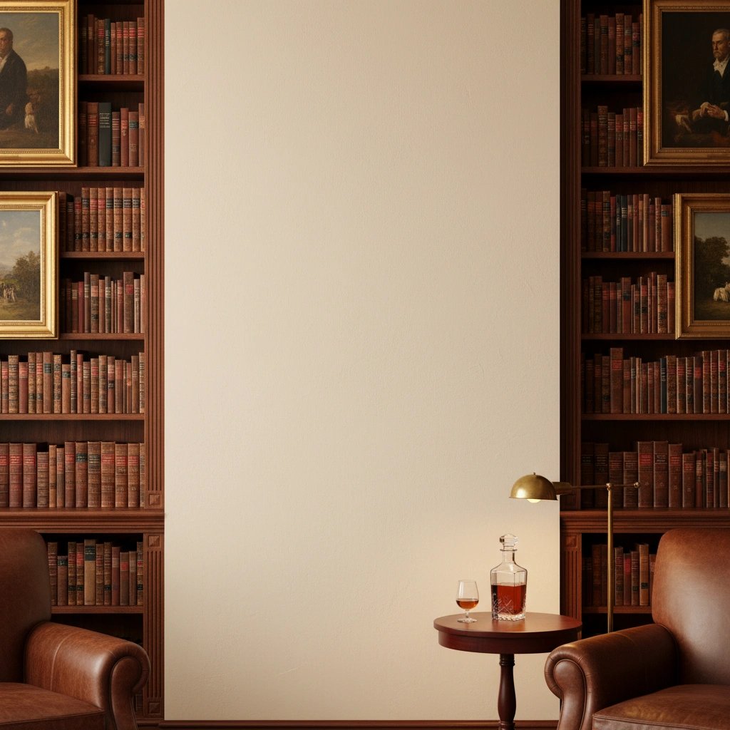 Wall art mockup: Grand study with bookcases and leather armchairs, with a bookcase