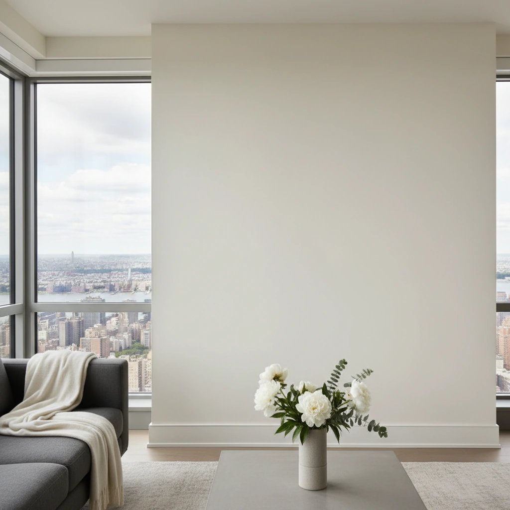 Wall art mockup: Grand room with a grey sofa and city views, with a sofa