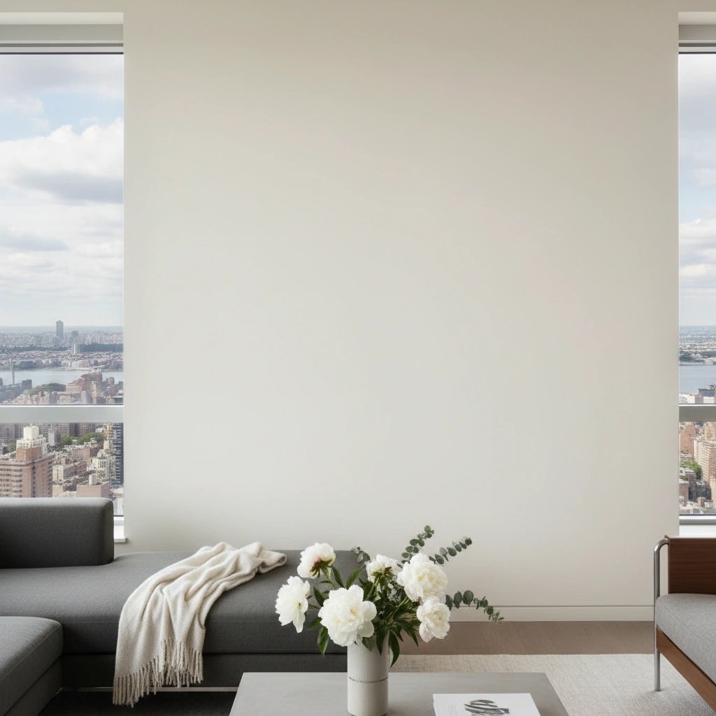 Wall art mockup: Contemporary living room with a plain wall and cityscape views