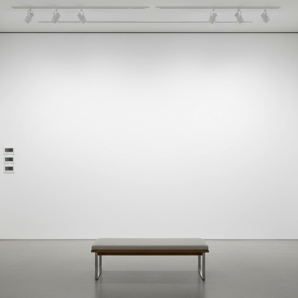 Wall art mockup: Minimalist gallery with track lighting and a bench, with a coffee table