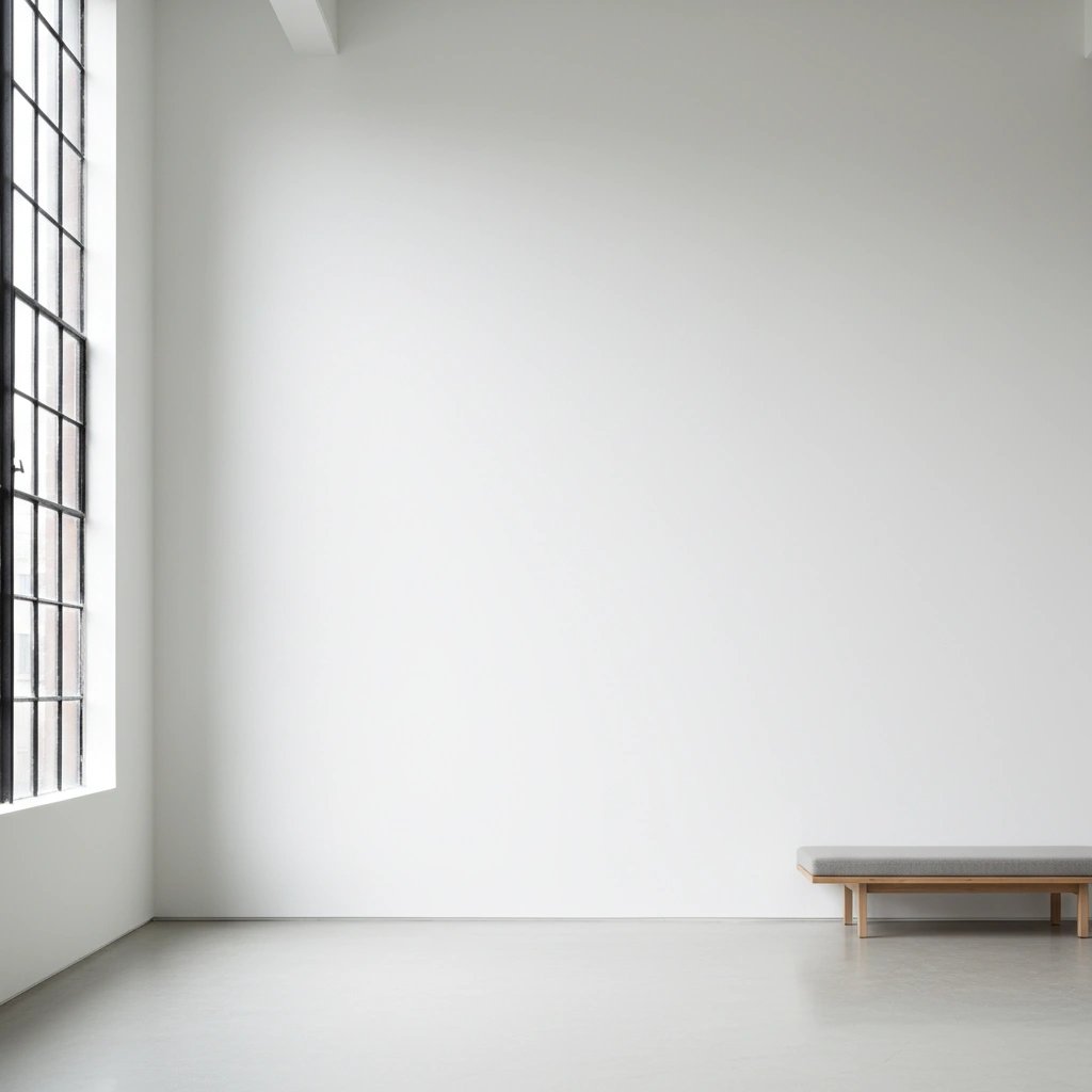 Wall art mockup: Minimalist gallery with a large window and wooden bench, with a window