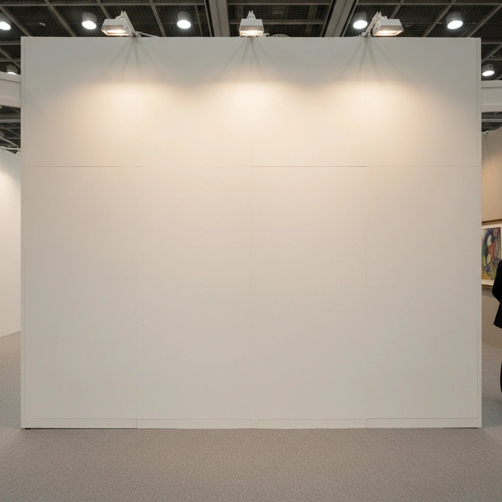 Wall art mockup: White gallery wall with overhead track lighting and a visitor, with a person