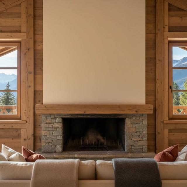 Grand living room with a stone fireplace and mountain views