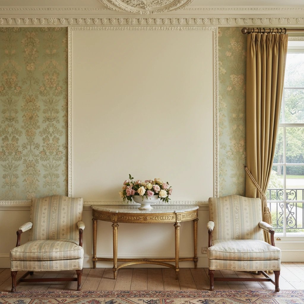 Wall art mockup: Grand room with armchairs and a console table