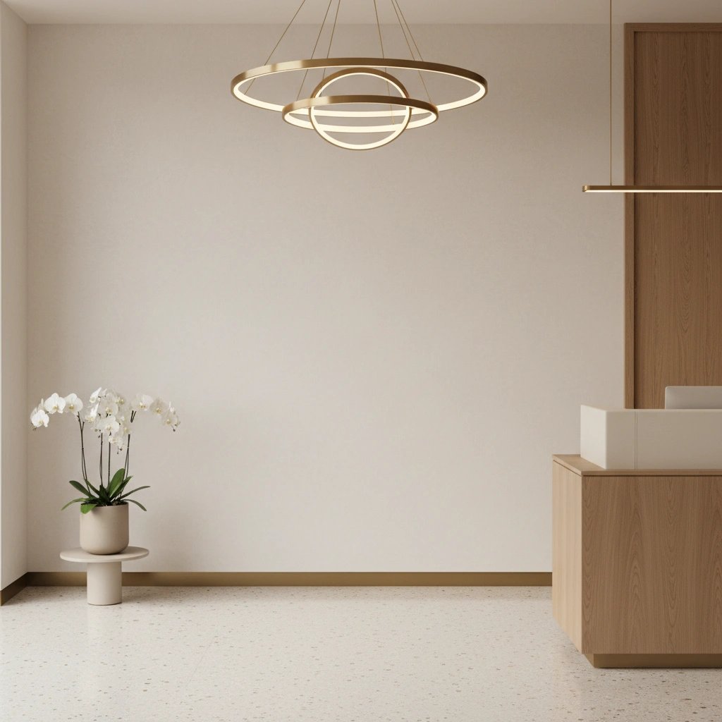 Wall art mockup: Modern lobby with a sculptural chandelier and reception desk, with plants, lamps and a chandelier