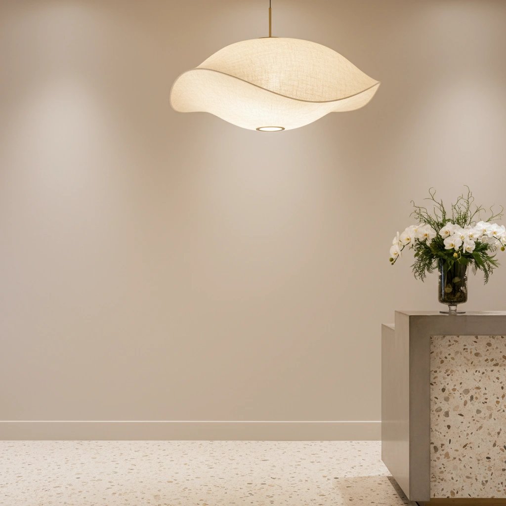 Wall art mockup: Modern lobby with a wavy pendant light and floral display, with plants and lamps