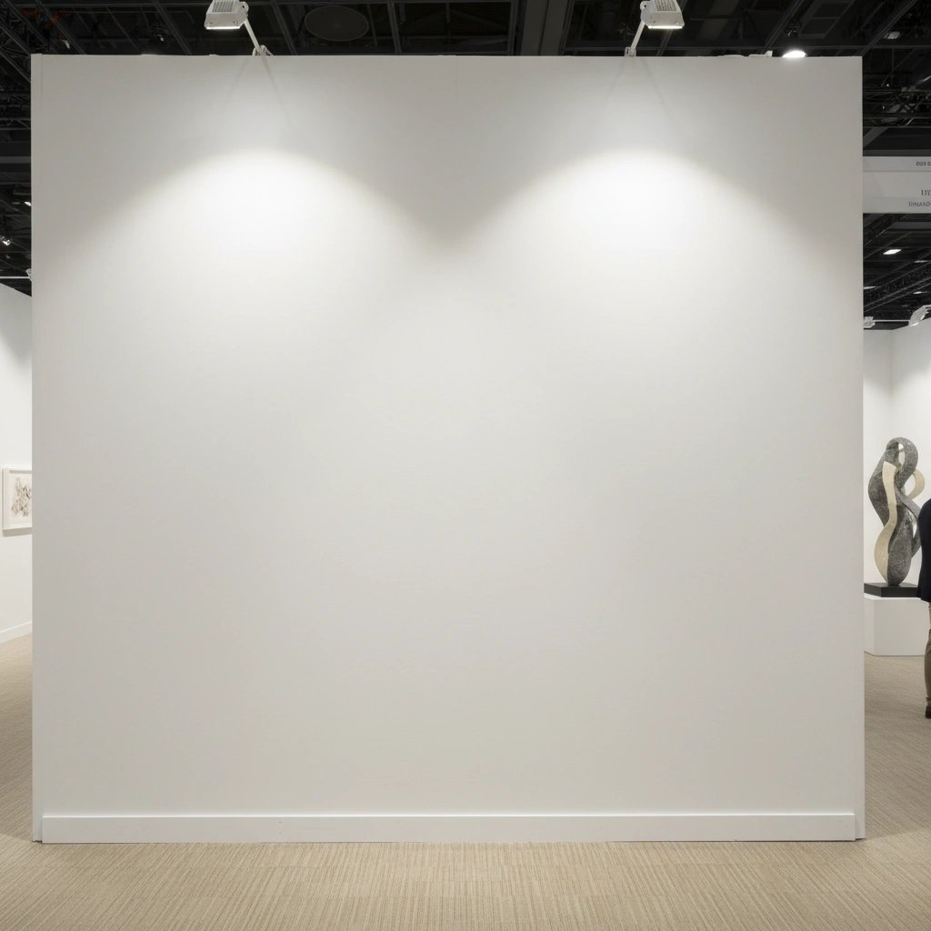Wall art mockup: Minimalist white-cube gallery with spotlights and a visitor, with a person