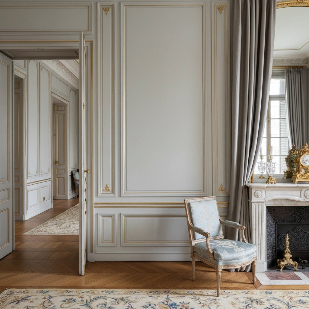 Wall art mockup: Grand room with ornate panelling and an armchair