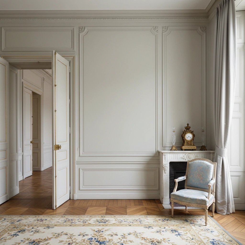 Wall art mockup: Grand room with decorative panelling and an antique chair