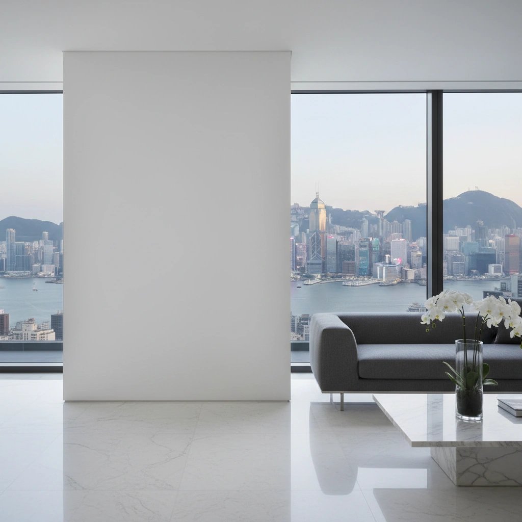 Wall art mockup: Contemporary living room with a grey sofa and city views, with a sofa