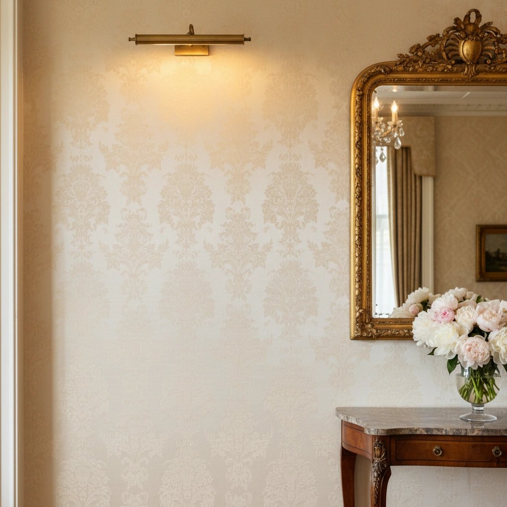 Wall art mockup: Elegant hallway with patterned wallpaper and a gilded mirror, with lamps and a mirror