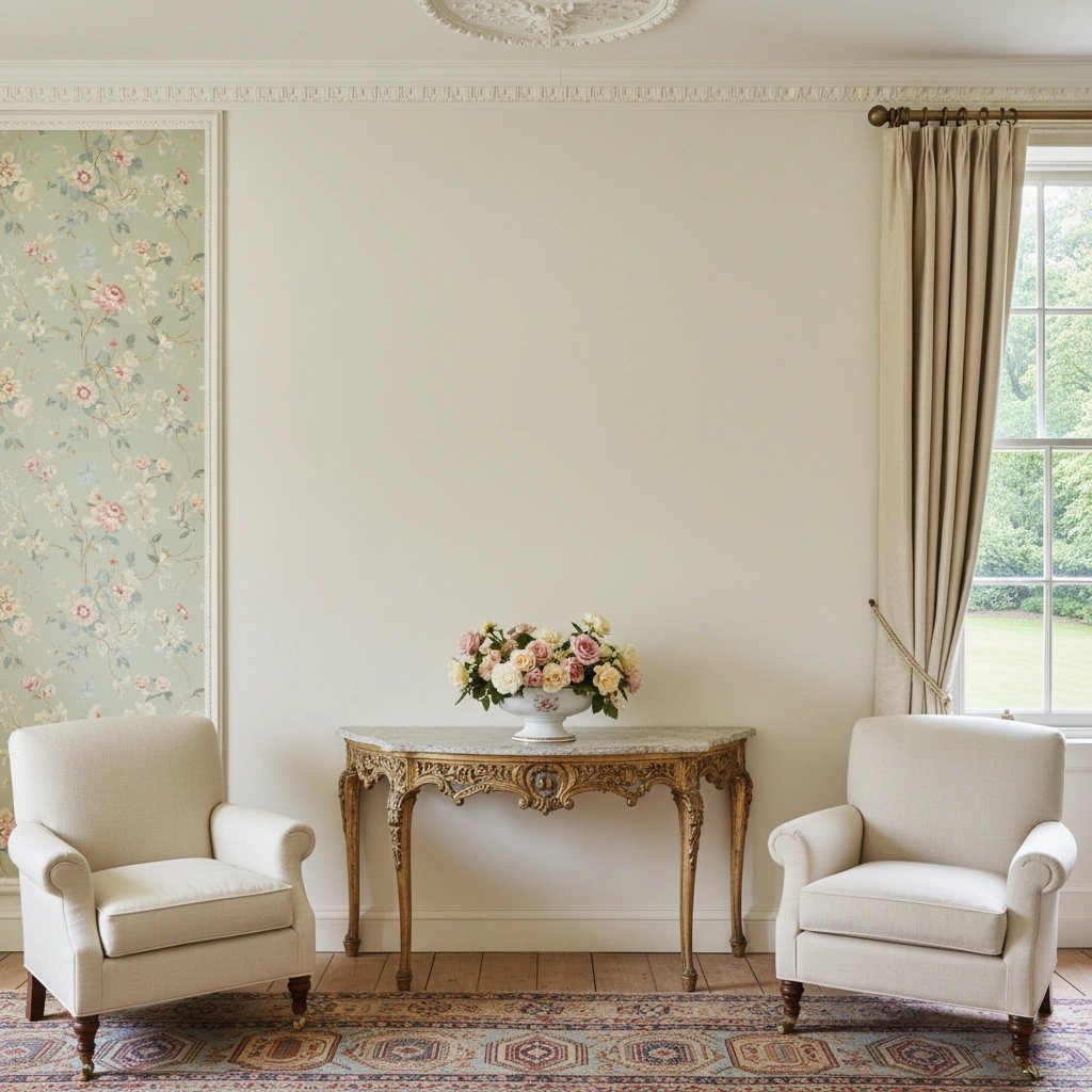 Wall art mockup: Grand period room with a console table and armchairs
