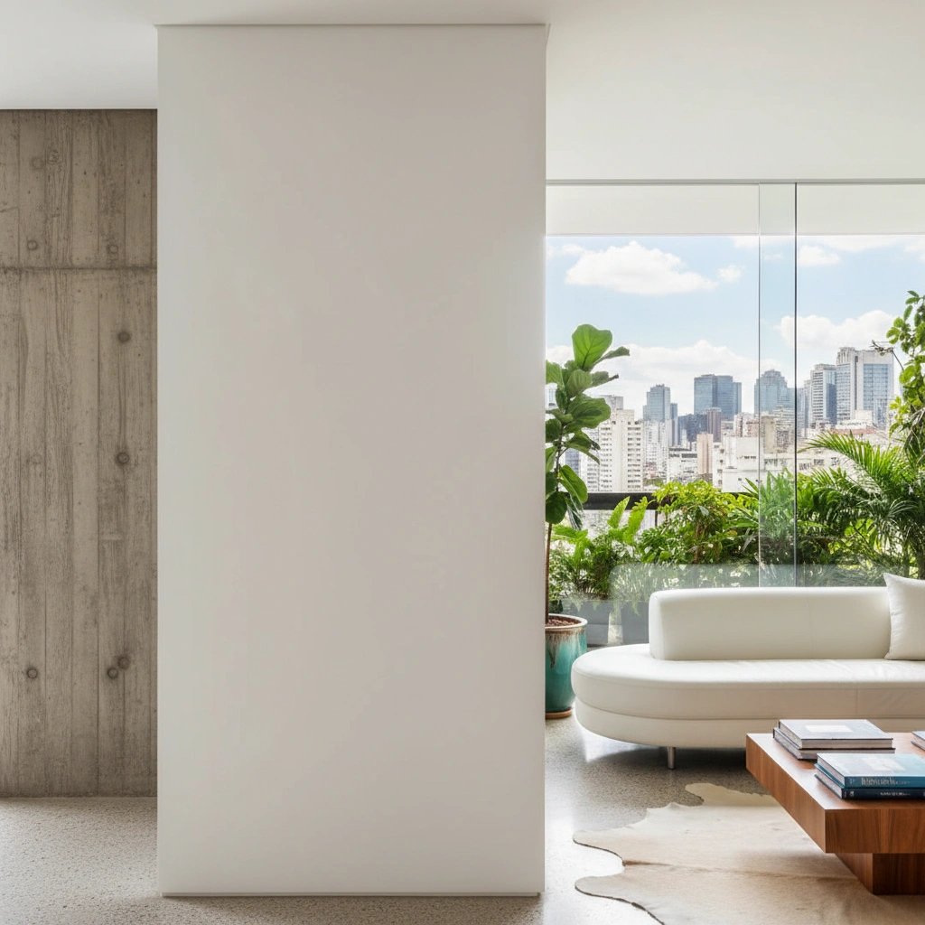 Wall art mockup: Bright living room with white sofa and city view, with a sofa