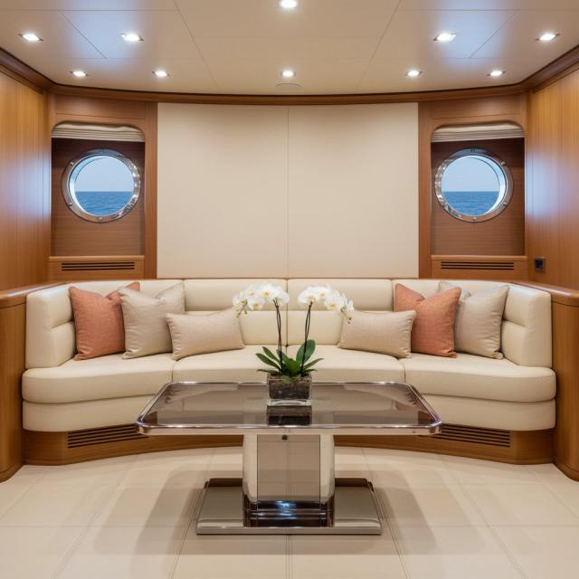 Luxurious living room with cream sofa and portholes