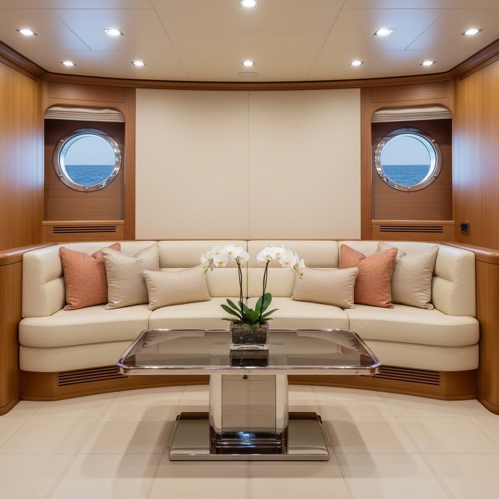 Wall art mockup: Luxurious living room with cream sofa and portholes, with a sofa