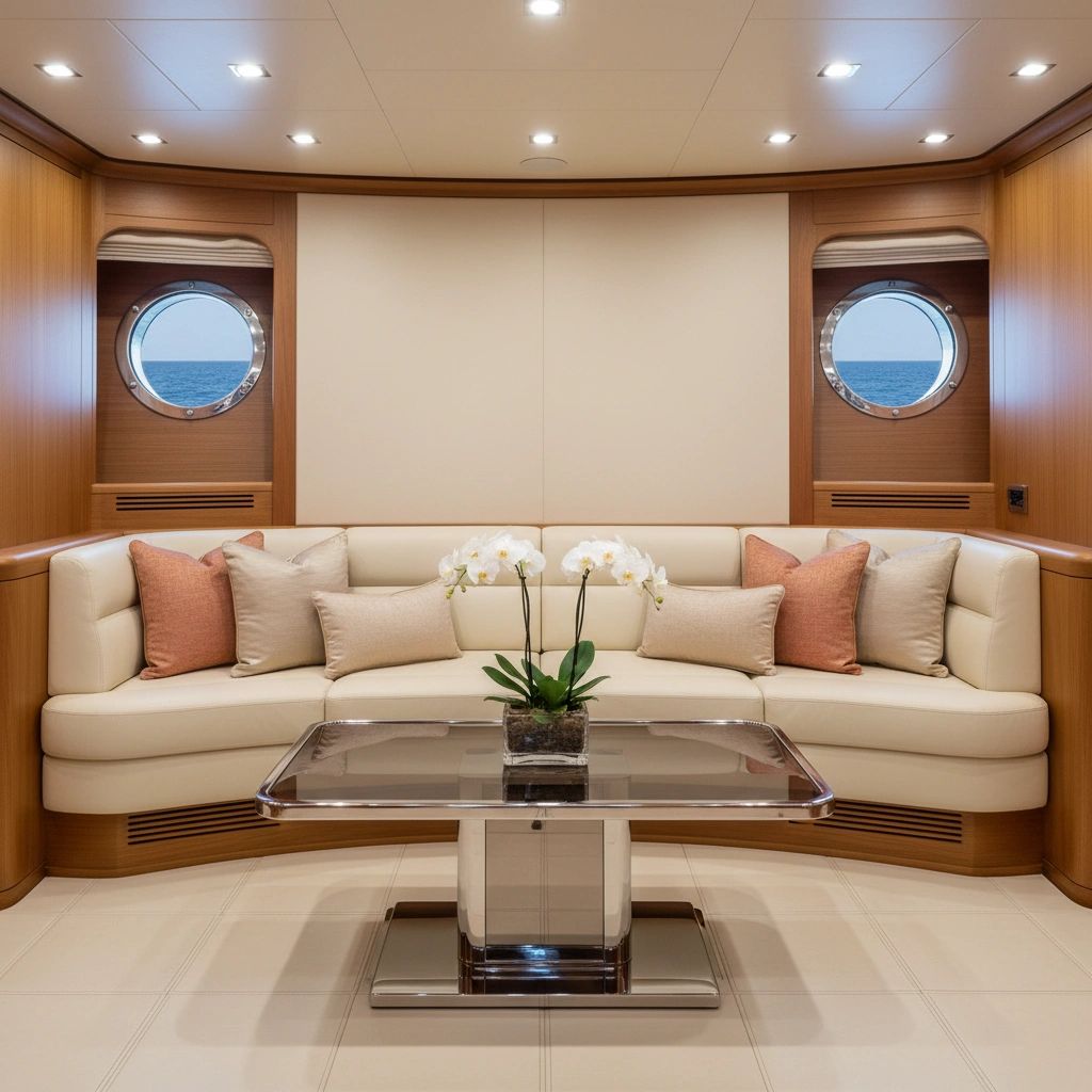 Sample painting at 8 × 10 in (20 × 25 cm): Luxurious living room with cream sofa and portholes
