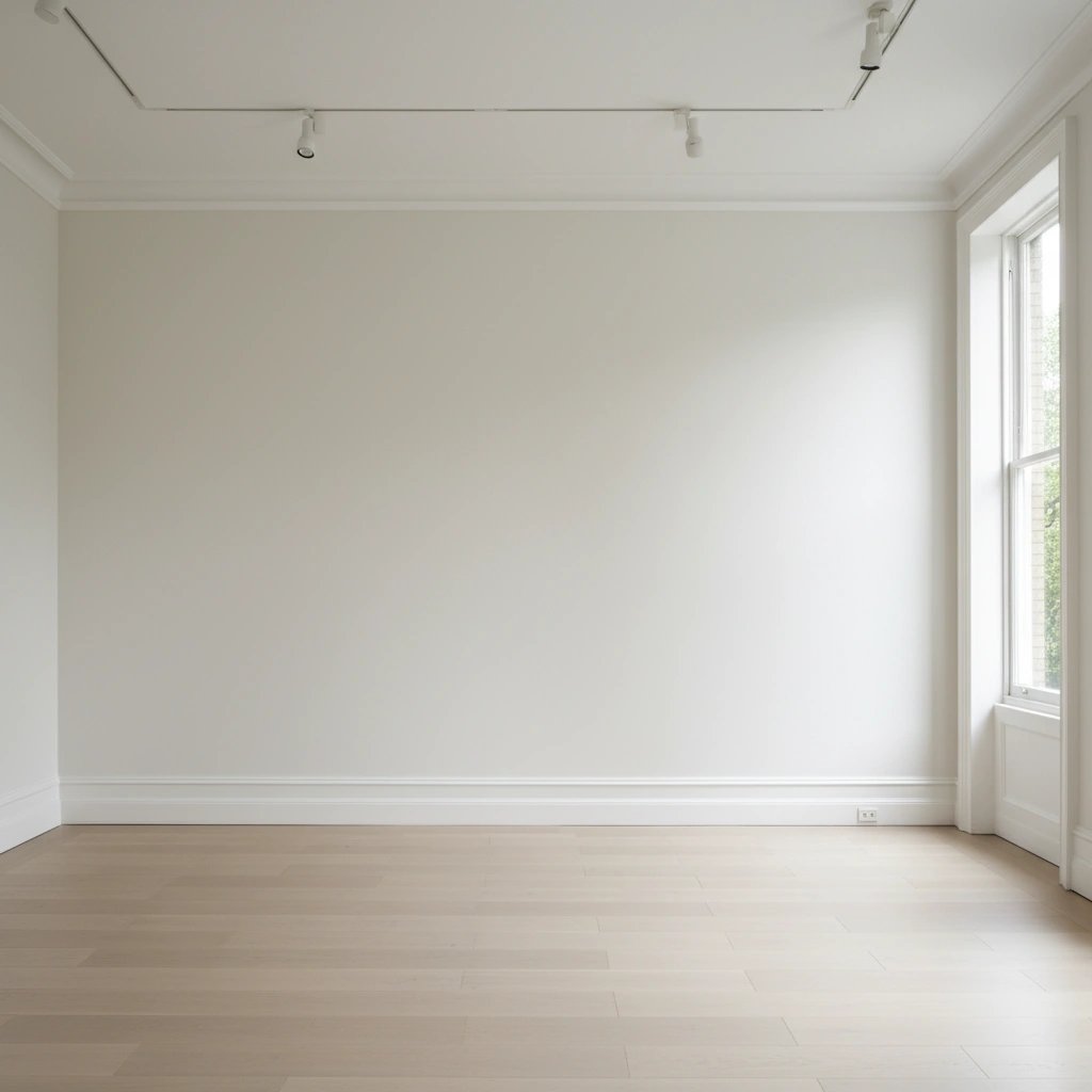 Wall art mockup: Bright gallery space with track lighting and a window