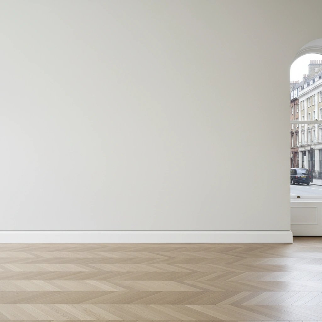Wall art mockup: Gallery with white walls, parquet floor and arched window